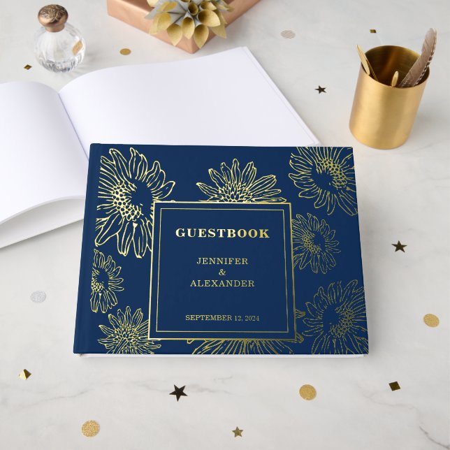 Elegante Sonnenblume Gold Hochzeit Foil blue Gästebuch (Vorderseite offen)