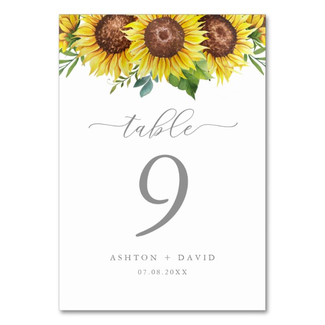 Elegante Sonnenblume Hochzeitskarte Tischnummer (Vorderseite)