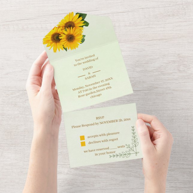 Elegante Sonnenblume, maßgeschneiderte Hochzeit All In One Einladung (Abreißen)