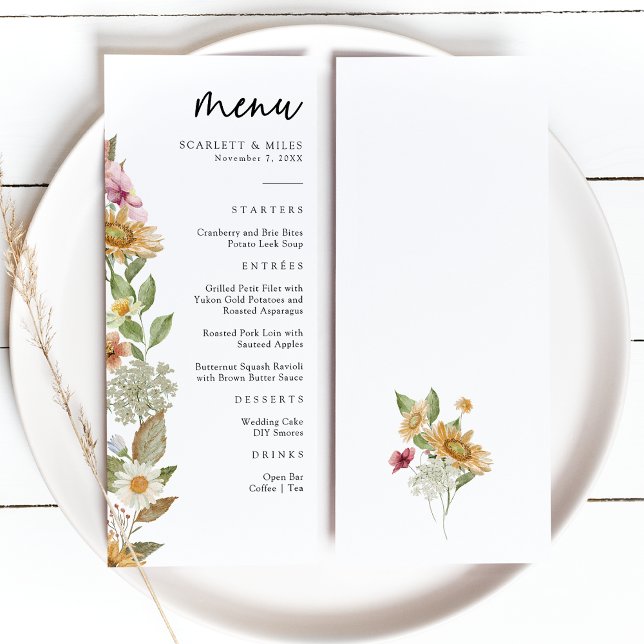 Elegante Sonnenblume Menükarte (Elegant White Watercolor Sunflower Wildflower Wedding Menu by Painted Paperie
)