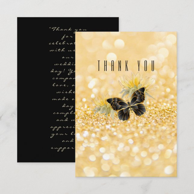 Elegante Sonnenblume Sparkle Black Butterfly Gold Dankeskarte (Vorne/Hinten)