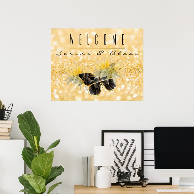 Elegante Sonnenblume Sparkle Black Butterfly Gold Poster (Heimbüro)