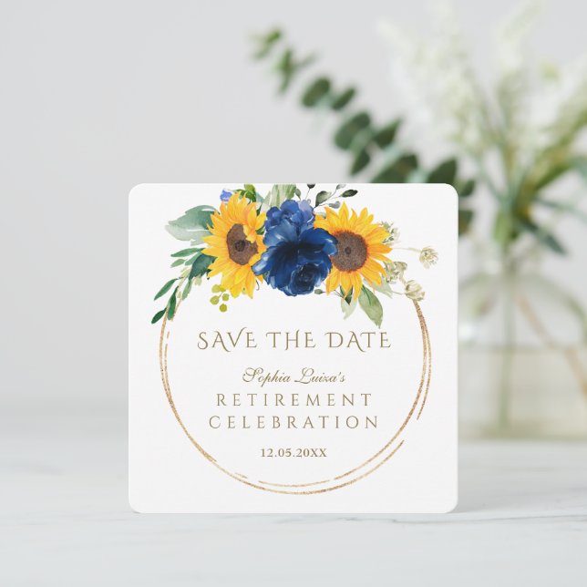Elegante Sonnenblumen Blue Floral Gold Pension Save The Date (Stehend Vorderseite)