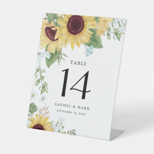 Elegante Sonnenblumen-Blumen-Hochzeitstisch-Nummer Sockelschild