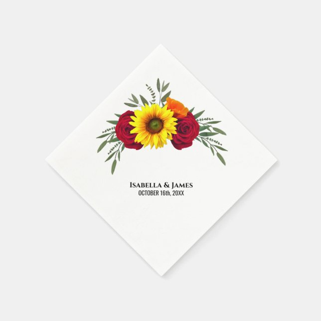 Elegante Sonnenblumen Burgund Rose Hochzeit Serviette (Ecke)