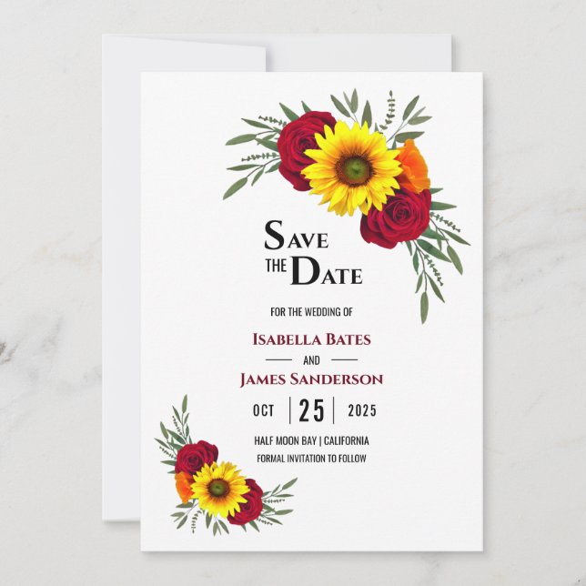 Elegante Sonnenblumen Burgund Rose Wedding Rettete Save The Date (Vorderseite)