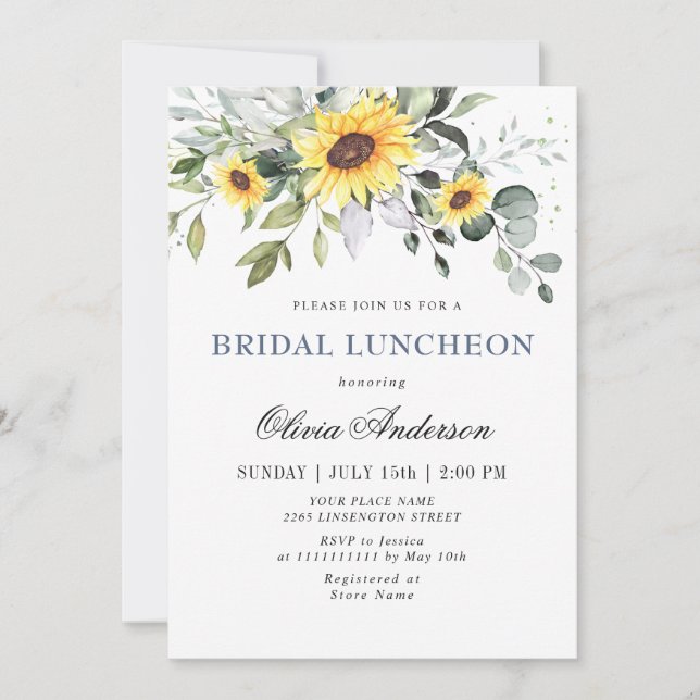 Elegante Sonnenblumen Eucalyptus BRIDAL LUNCHEON Einladung (Vorderseite)
