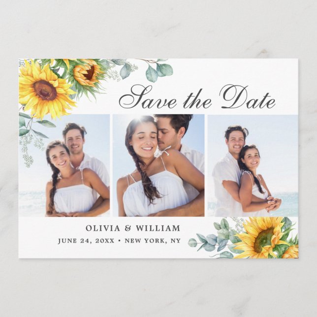 Elegante Sonnenblumen Eukalyptus 3 FOTO Hochzeit Save The Date (Vorderseite)