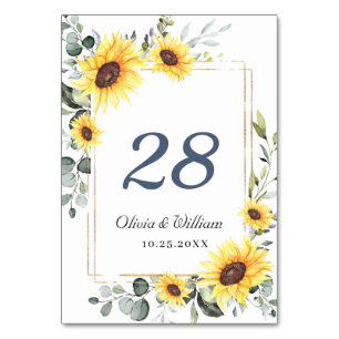 Elegante Sonnenblumen Eukalyptus Aquarell Hochzeit Tischnummer