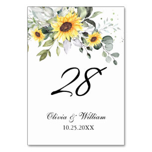 Elegante Sonnenblumen Eukalyptus Aquarell Hochzeit Tischnummer