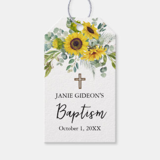 Elegante Sonnenblumen & Eukalyptus Boho Kreuz Tauf Geschenkanhänger