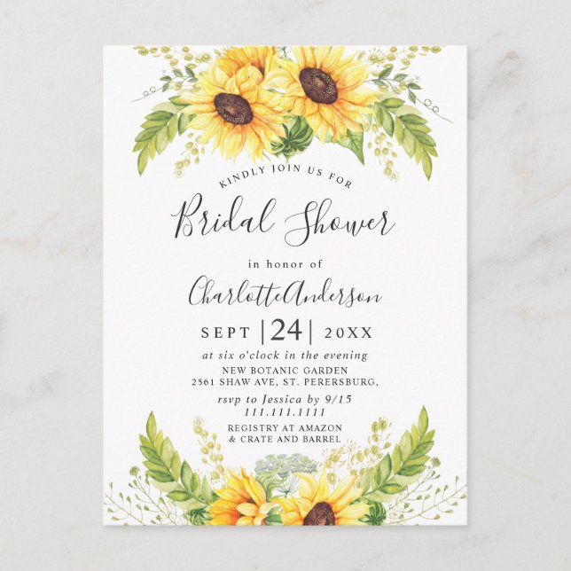 Elegante Sonnenblumen Eukalyptus Brautparty Card Postkarte (Vorderseite)