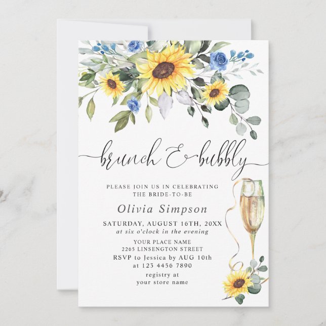 Elegante Sonnenblumen Eukalyptus Brunch & Bubbly Einladung (Vorderseite)