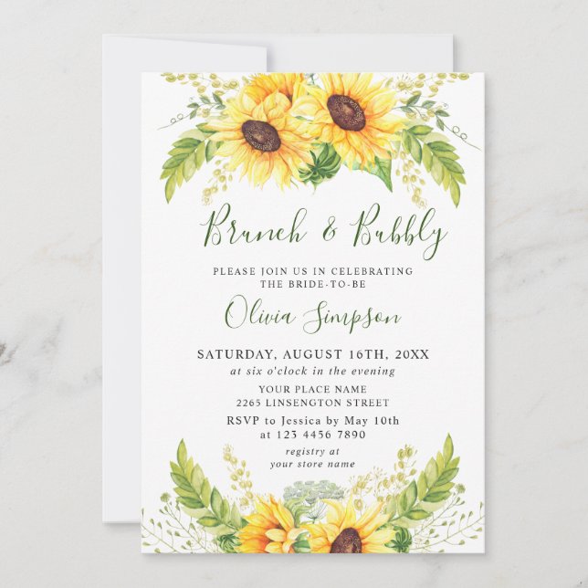 Elegante Sonnenblumen Eukalyptus Brunch & Bubbly Einladung (Vorderseite)