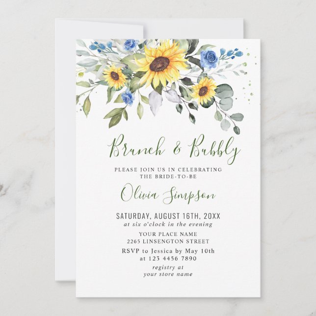 Elegante Sonnenblumen Eukalyptus Brunch & Bubbly Einladung (Vorderseite)
