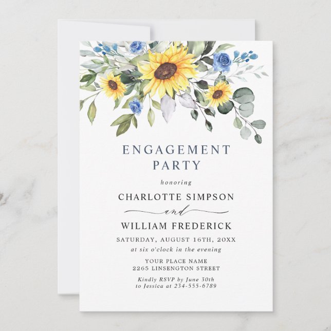 Elegante Sonnenblumen Eukalyptus ENGAGEMENT PARTY Einladung (Vorderseite)