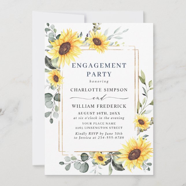 Elegante Sonnenblumen Eukalyptus ENGAGEMENT PARTY  Einladung (Vorderseite)