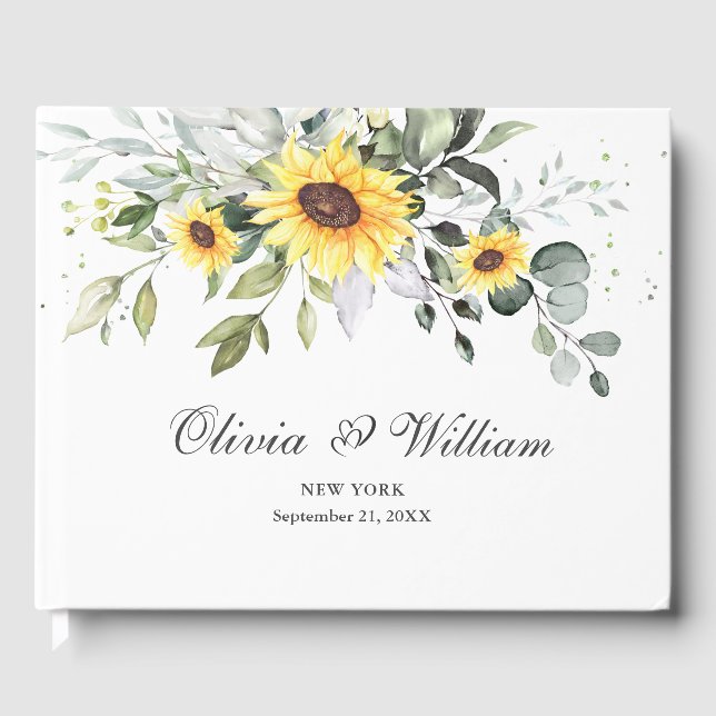Elegante Sonnenblumen Eukalyptus Foliage Hochzeit Gästebuch (Vorderseite)