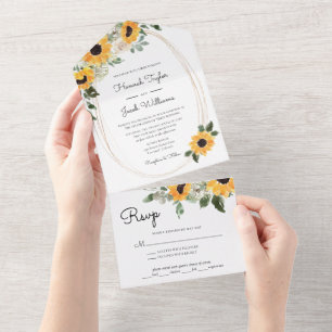 Elegante Sonnenblumen-Eukalyptus-Hochzeit mit RSVP All In One Einladung