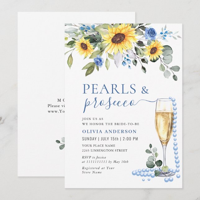 Elegante Sonnenblumen Eukalyptus PEARLS & Prosecco Einladung (Vorne/Hinten)