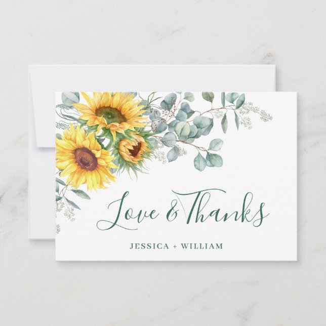 Elegante Sonnenblumen Eukalyptus Rustic Wedding Dankeskarte (Vorderseite)