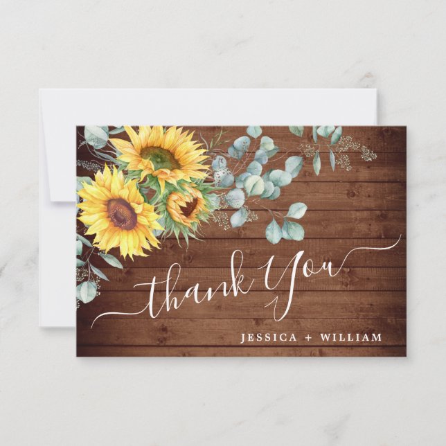 Elegante Sonnenblumen Eukalyptus Rustic Wedding Dankeskarte (Vorderseite)