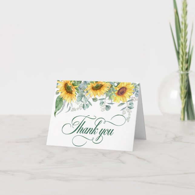 Elegante Sonnenblumen Eukalyptus Rustic Wedding Dankeskarte (Vorderseite)