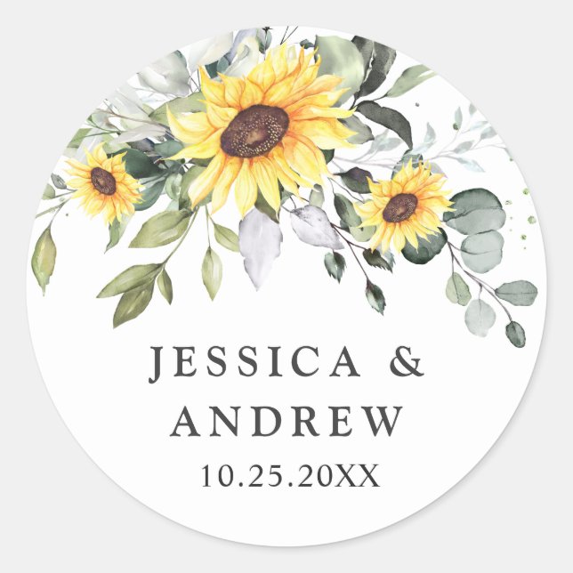 Elegante Sonnenblumen Eukalyptus Wasserfarbene Hoc Runder Aufkleber (Vorderseite)