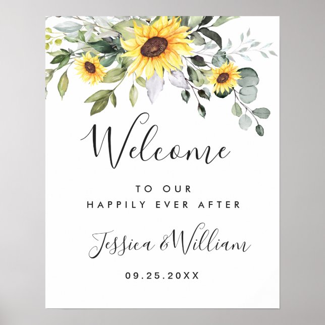 Elegante Sonnenblumen Eukalyptus Wedding Willkomme Poster (Vorne)