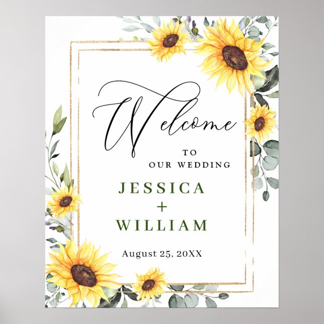 Elegante Sonnenblumen Eukalyptus Wedding Willkomme Poster (Vorne)