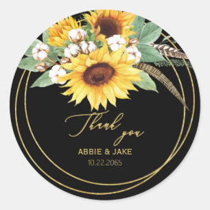 Elegante Sonnenblumen Feather Wedding Black Runder Aufkleber