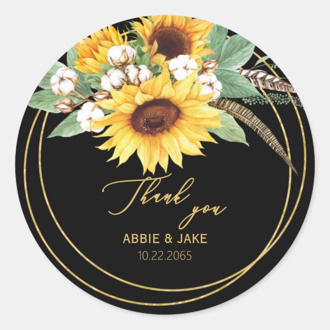 Elegante Sonnenblumen Feather Wedding Black Runder Aufkleber (Vorderseite)
