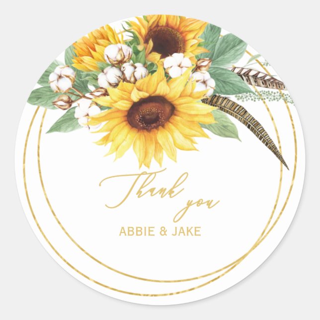 Elegante Sonnenblumen Feather Wedding Vielen Dank Runder Aufkleber (Vorderseite)