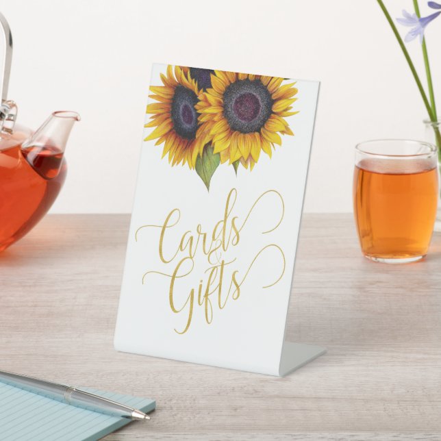 Elegante Sonnenblumen Goldtypografiekarten und -ge Sockelschild (In SItu)