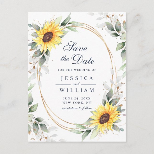 Elegante Sonnenblumen Grüne Hochzeit Retten Sie da Postkarte (Vorderseite)