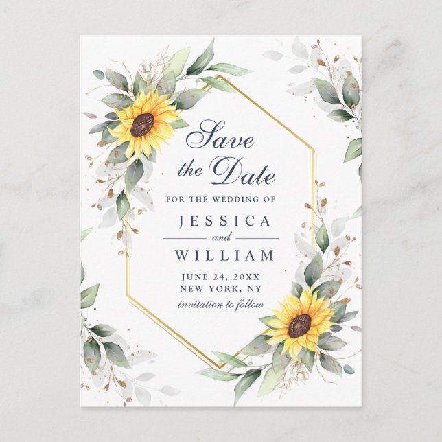 Elegante Sonnenblumen Grüne Hochzeit Retten Sie da Postkarte (Vorderseite)