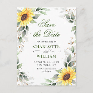 Elegante Sonnenblumen Grüne Hochzeit Retten Sie da Postkarte
