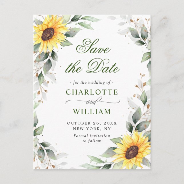 Elegante Sonnenblumen Grüne Hochzeit Retten Sie da Postkarte (Vorderseite)