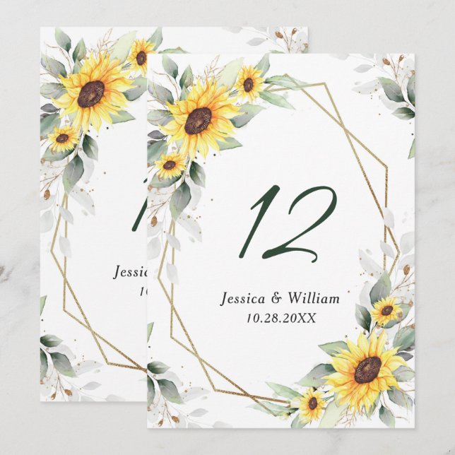 Elegante Sonnenblumen Grüne Hochzeit Tischnummer (Vorne/Hinten)