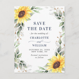 Elegante Sonnenblumen Grünzeug Hochzeit Termin vor Postkarte