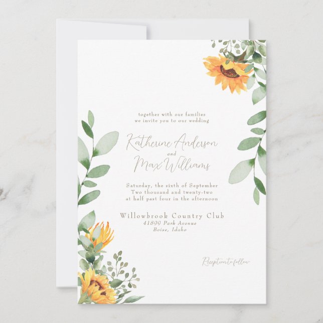 Elegante Sonnenblumen Hochzeit Gold Text Keine Elt Einladung (Vorderseite)