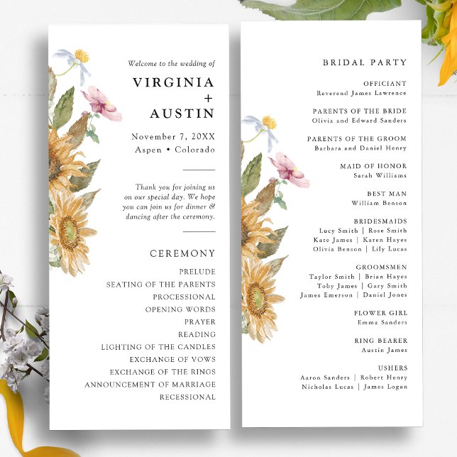 Elegante Sonnenblumen-Hochzeit Programm (Elegant Sunflower Wildflower Watercolor Wedding Program by Painted Paperie)