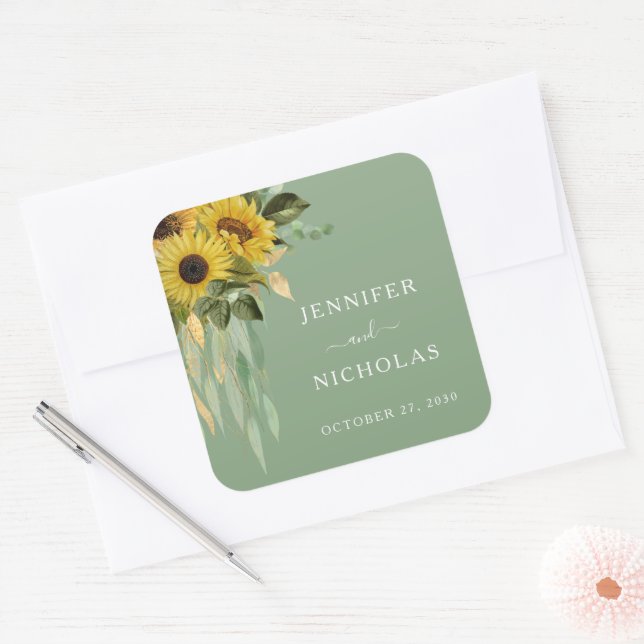 Elegante Sonnenblumen Hochzeit Quadratischer Aufkleber (Umschlag)