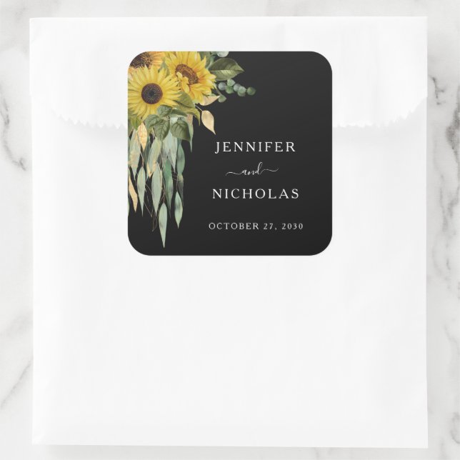 Elegante Sonnenblumen Hochzeit Quadratischer Aufkleber (Tasche)
