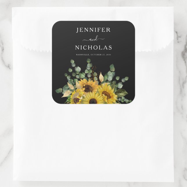 Elegante Sonnenblumen Hochzeit Quadratischer Aufkleber (Tasche)