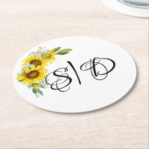 Elegante Sonnenblumen-Hochzeitstypografie Runder Pappuntersetzer