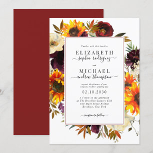 Elegante Sonnenblumen Rose Burgund Blumenhochzeit Einladung