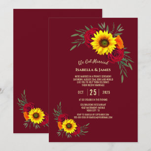Elegante Sonnenblumen-Rosen-Burgunder-Hochzeitsemp Einladung