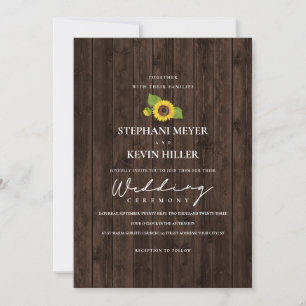 Elegante Sonnenblumen Rustikale Holzhochzeit Einladung