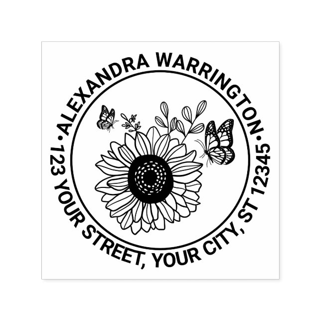 Elegante Sonnenblumen Schmetterlinge Name Rücksend Permastempel (Design)